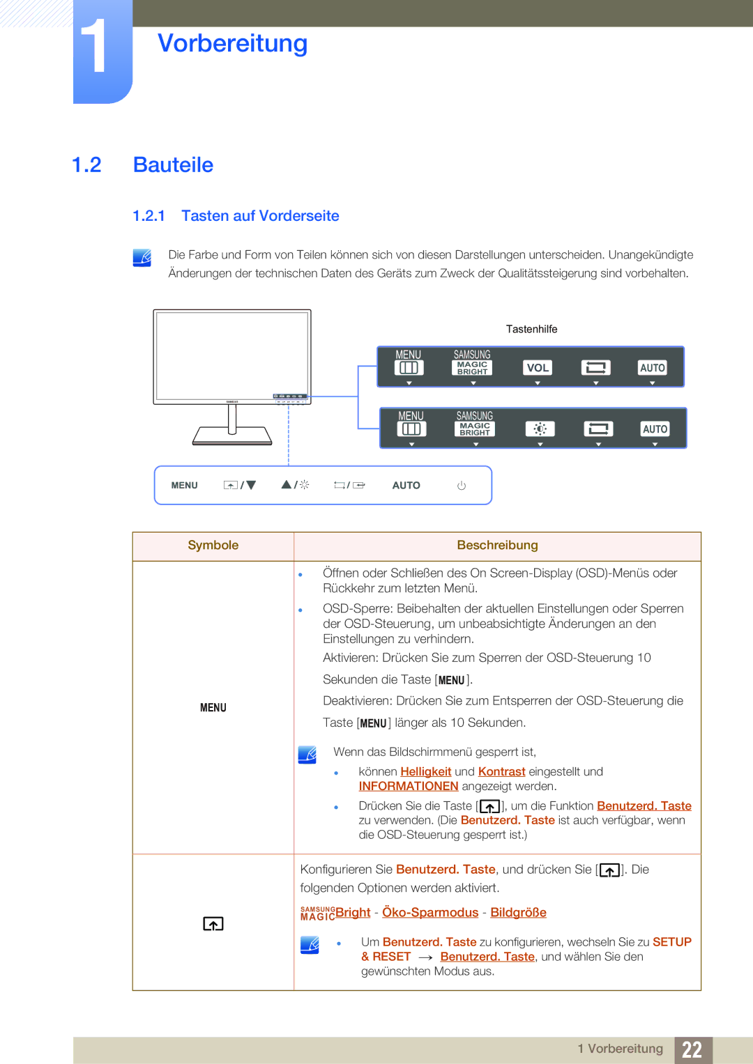 Samsung LS24C750PS/EN, LS27C750PS/EN manual Bauteile, Tasten auf Vorderseite 