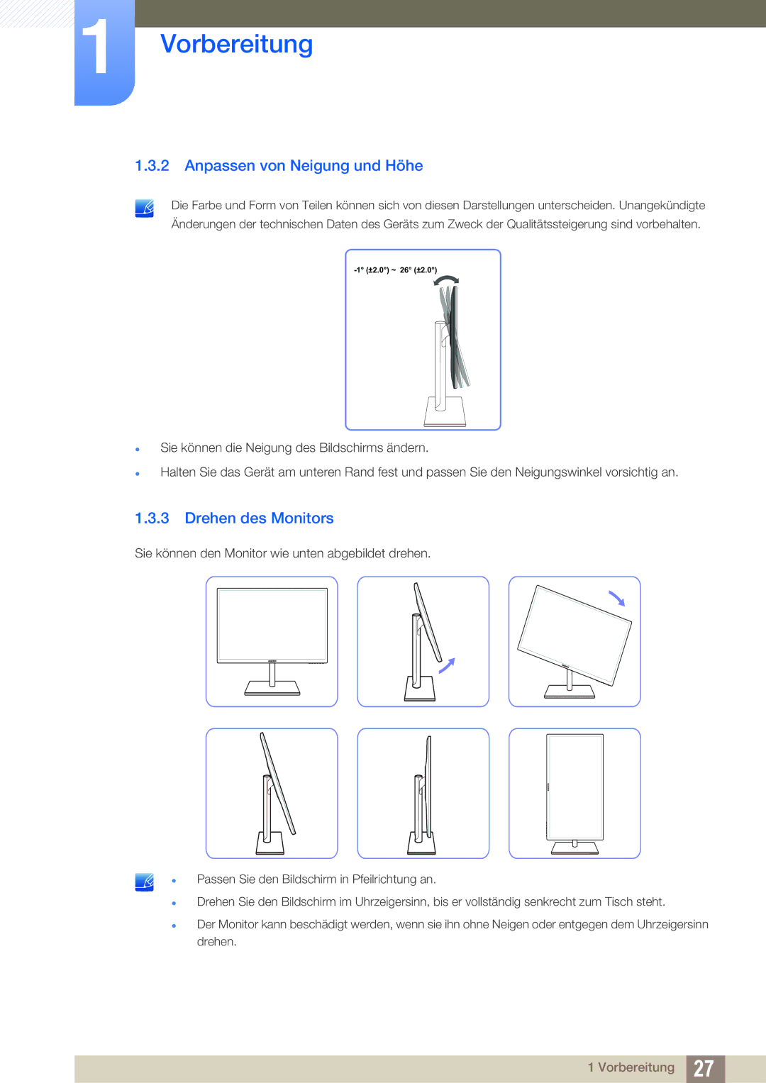 Samsung LS27C750PS/EN, LS24C750PS/EN manual Anpassen von Neigung und Höhe, Drehen des Monitors 