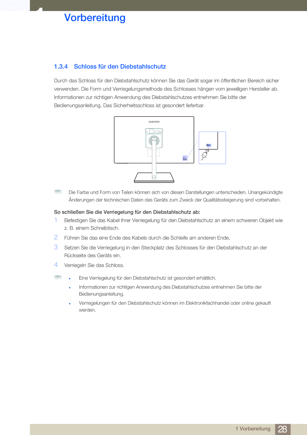 Samsung LS24C750PS/EN, LS27C750PS/EN manual Schloss für den Diebstahlschutz 