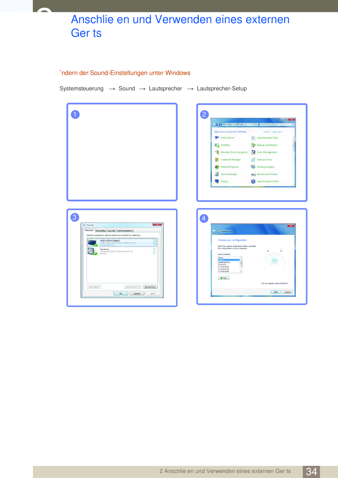 Samsung LS24C750PS/EN, LS27C750PS/EN manual Ändern der Sound-Einstellungen unter Windows 