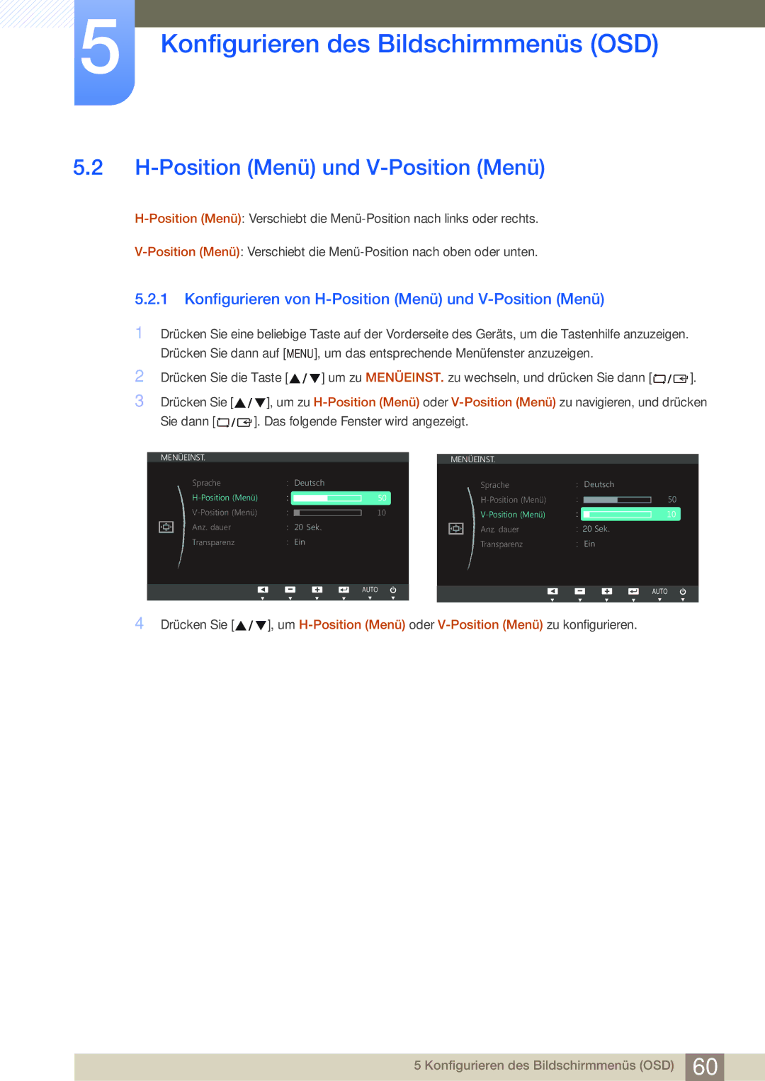 Samsung LS24C750PS/EN, LS27C750PS/EN manual Konfigurieren von H-Position Menü und V-Position Menü 