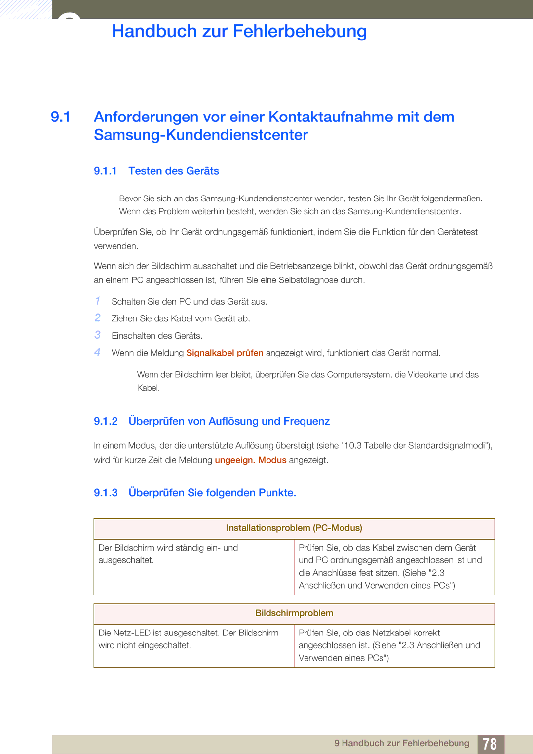 Samsung LS24C750PS/EN manual Handbuch zur Fehlerbehebung, Testen des Geräts, 2 Überprüfen von Auflösung und Frequenz 