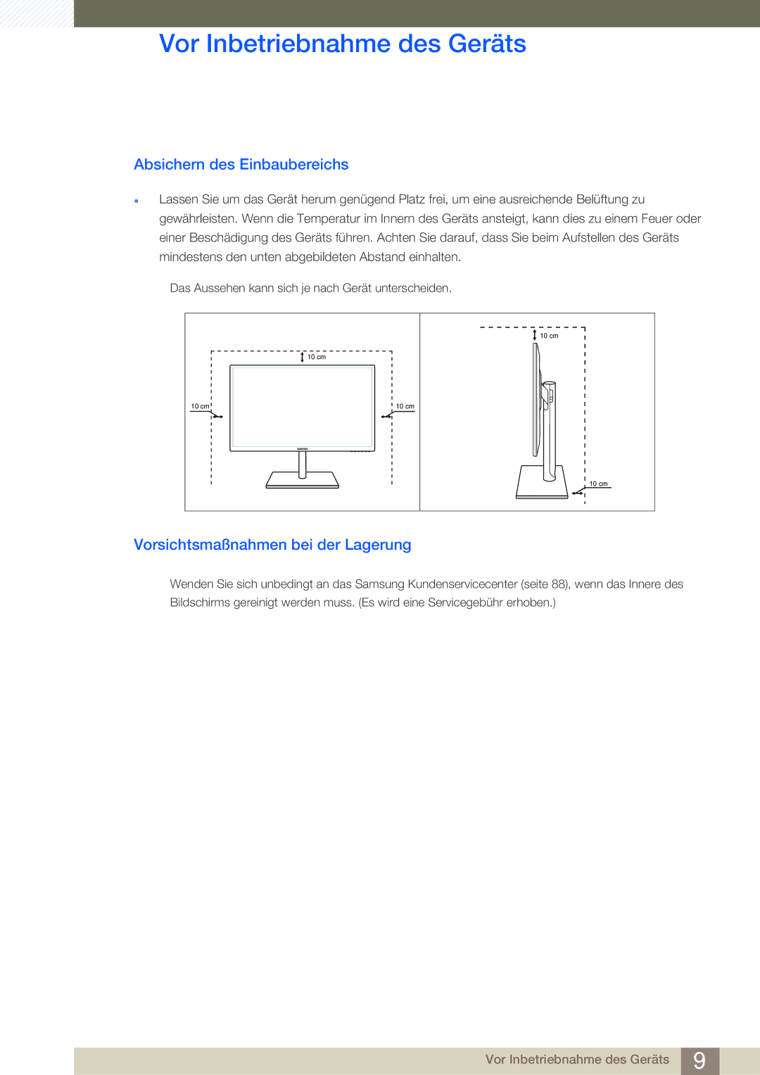 Samsung LS27C750PS/EN, LS24C750PS/EN manual Absichern des Einbaubereichs, Vorsichtsmaßnahmen bei der Lagerung 