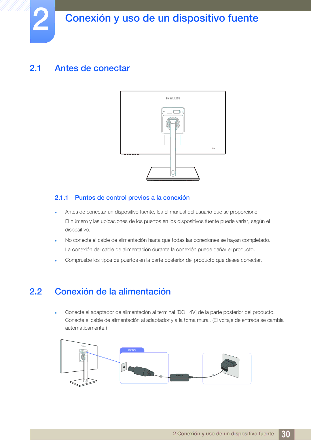 Samsung LS24C750PS/EN manual Conexión y uso de un dispositivo fuente, Antes de conectar, Conexión de la alimentación 