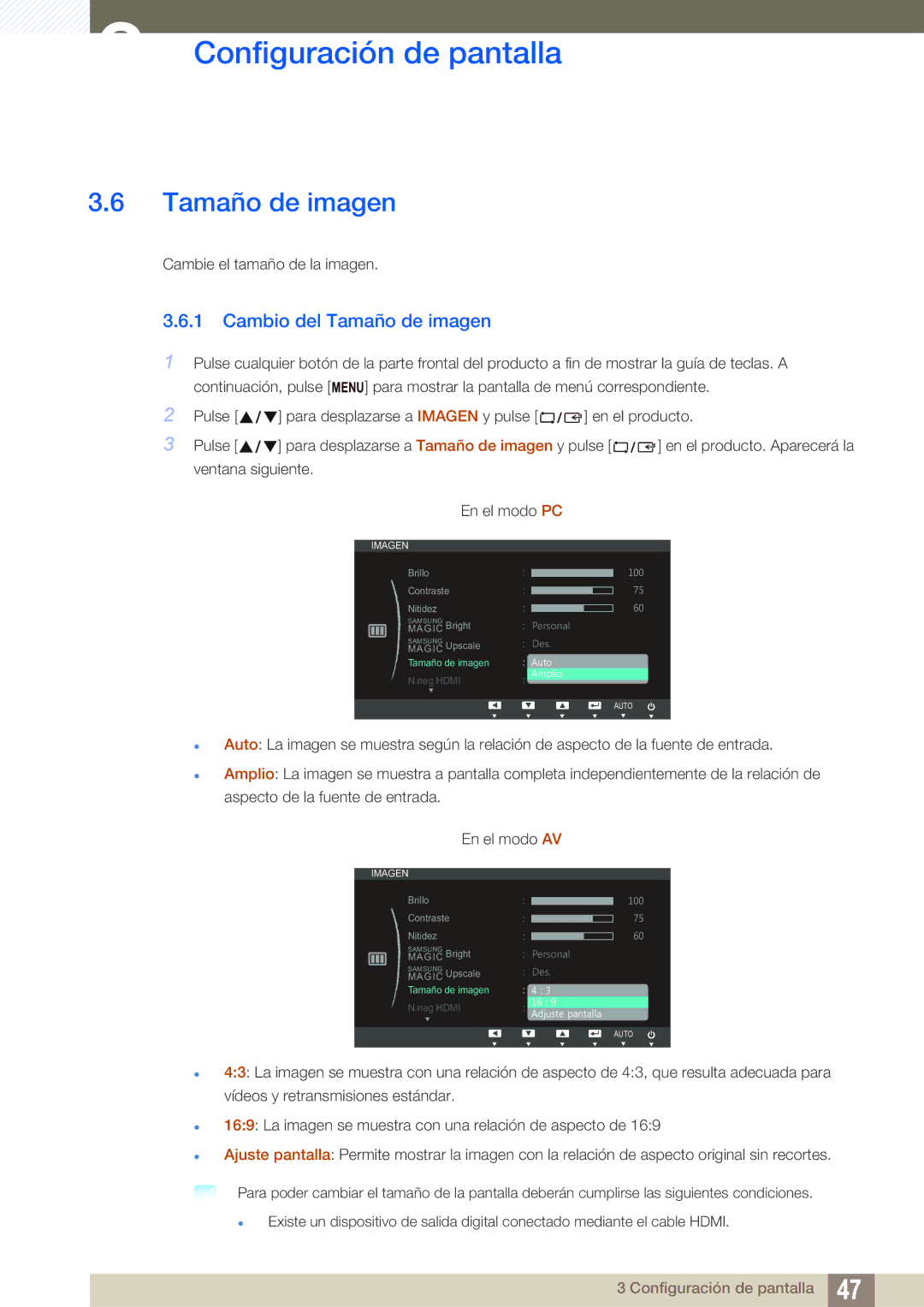 Samsung LS27C750PS/EN, LS24C750PS/EN manual Cambio del Tamaño de imagen 