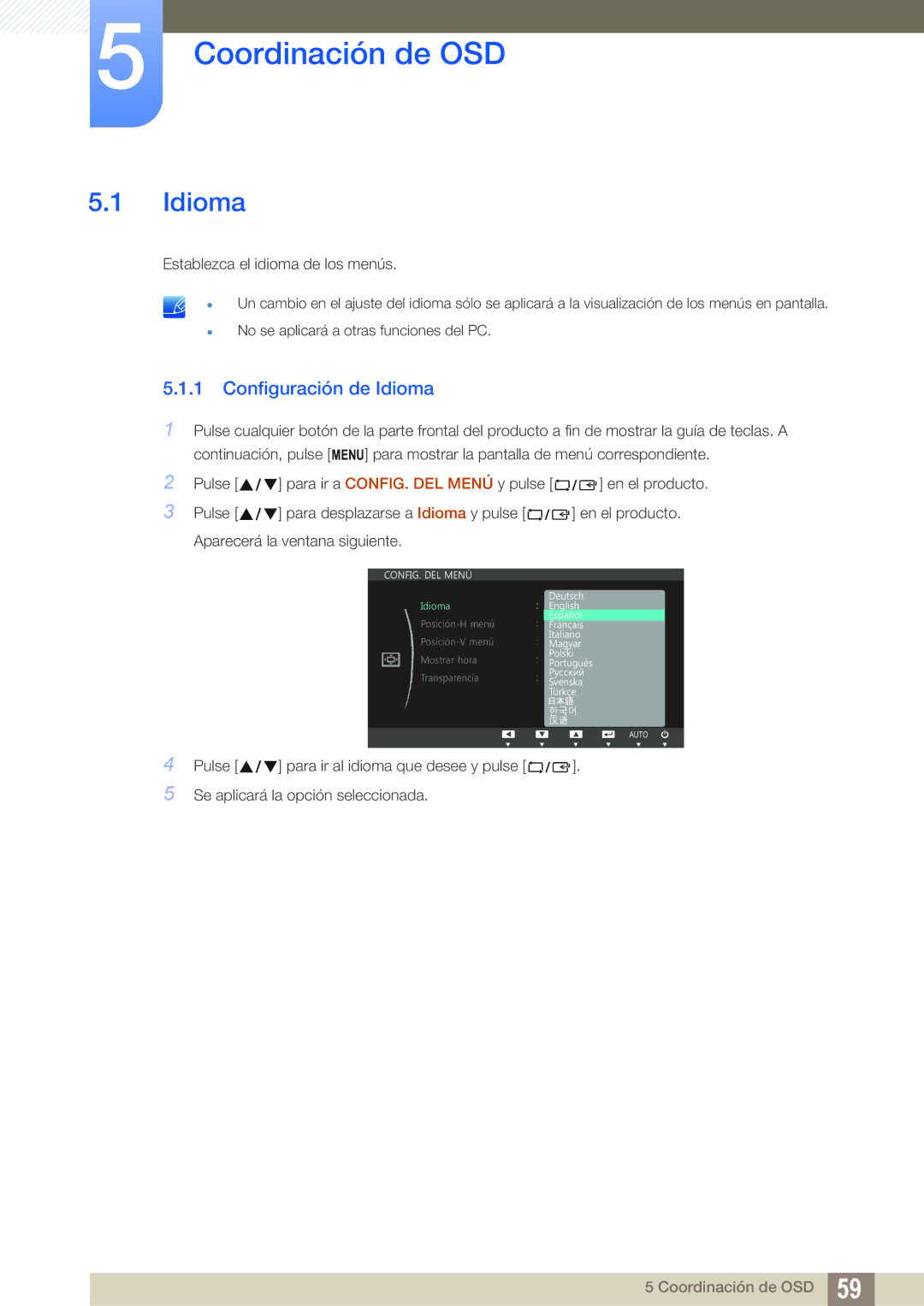 Samsung LS27C750PS/EN, LS24C750PS/EN manual Coordinación de OSD, Configuración de Idioma 