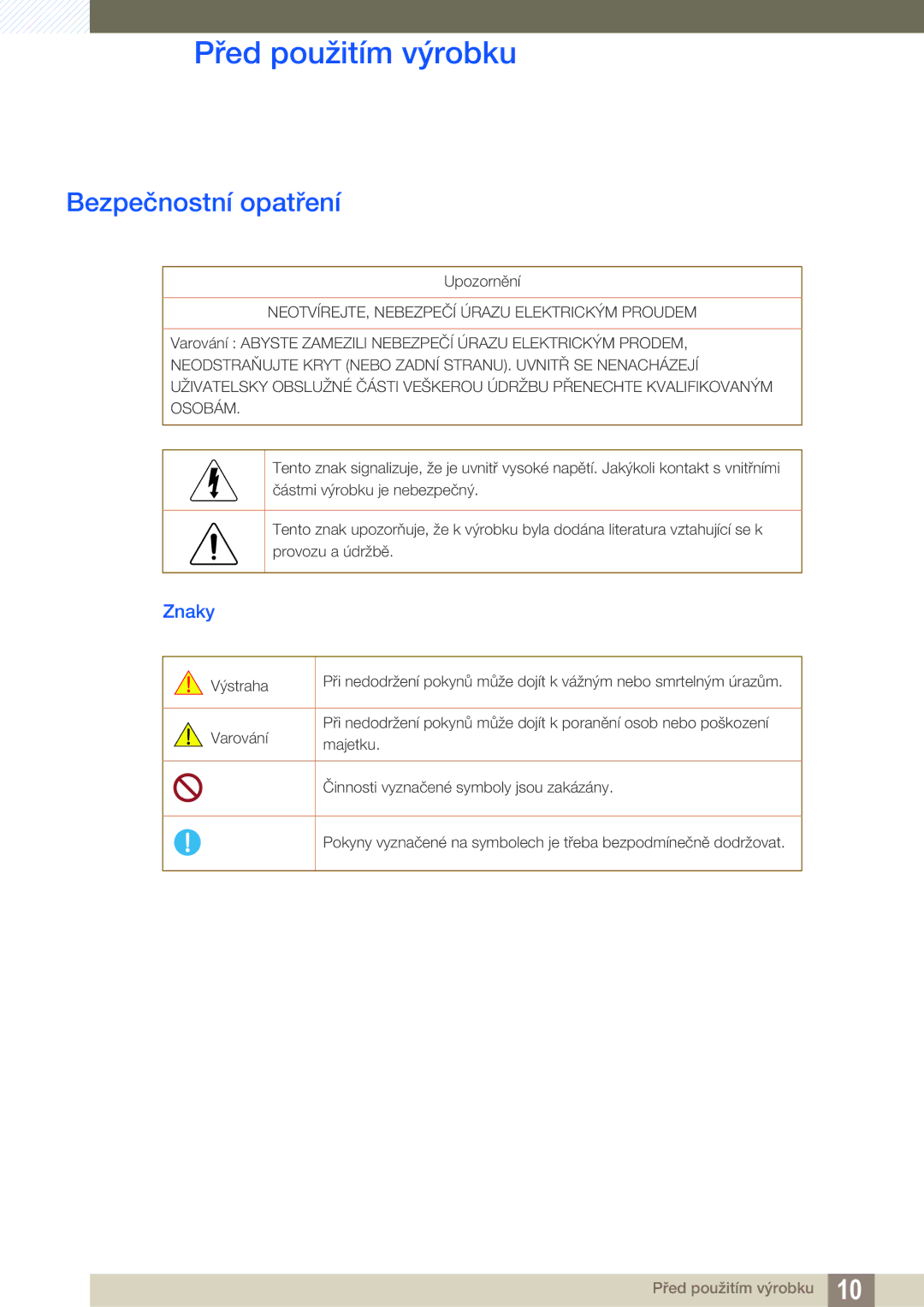 Samsung LS24C750PS/EN, LS27C750PS/EN manual Bezpečnostní opatření, Znaky 