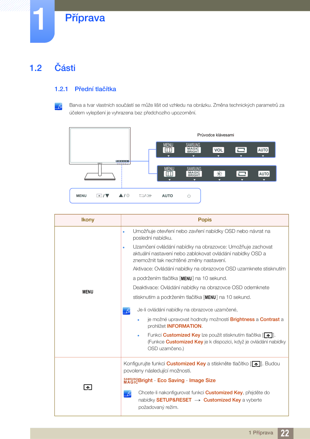 Samsung LS24C750PS/EN, LS27C750PS/EN manual Části, 1 Přední tlačítka 