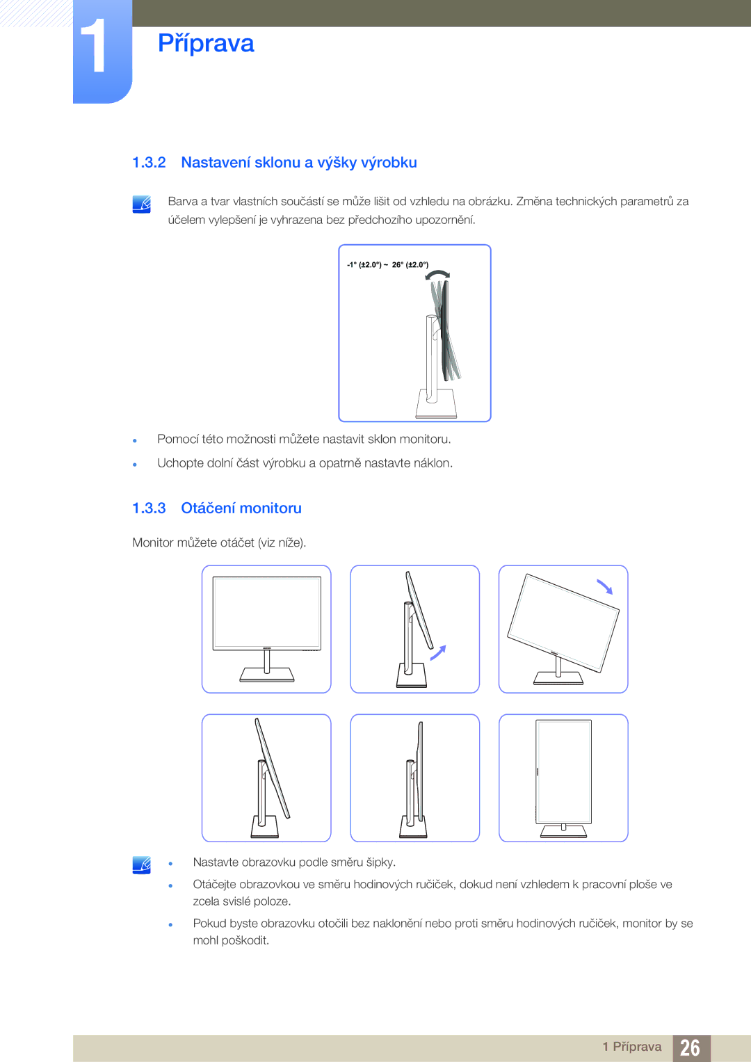 Samsung LS24C750PS/EN, LS27C750PS/EN manual Nastavení sklonu a výšky výrobku, 3 Otáčení monitoru 