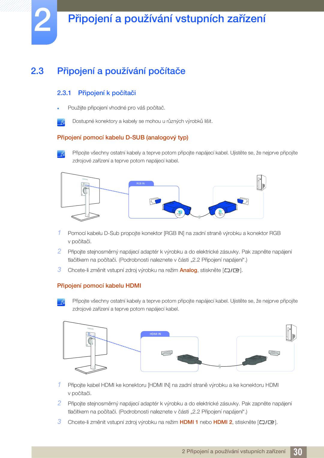 Samsung LS24C750PS/EN Připojení a používání počítače, 1 Připojení k počítači, Připojení pomocí kabelu D-SUB analogový typ 