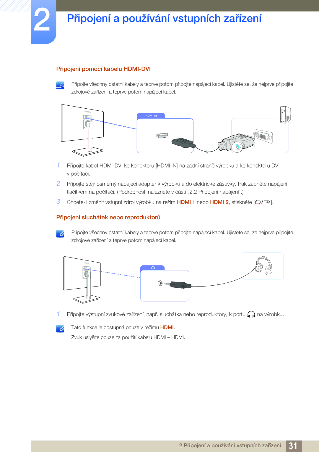 Samsung LS27C750PS/EN, LS24C750PS/EN manual Připojení pomocí kabelu HDMI-DVI, Připojení sluchátek nebo reproduktorů 