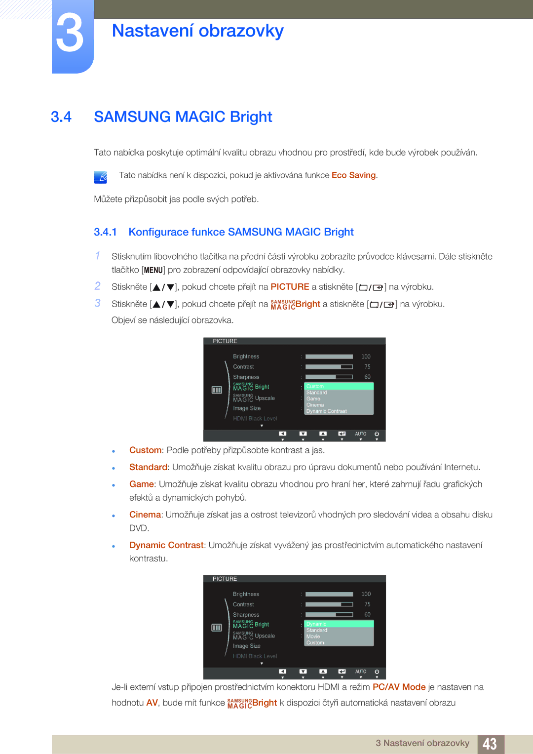 Samsung LS27C750PS/EN, LS24C750PS/EN manual Konfigurace funkce Samsung Magic Bright 