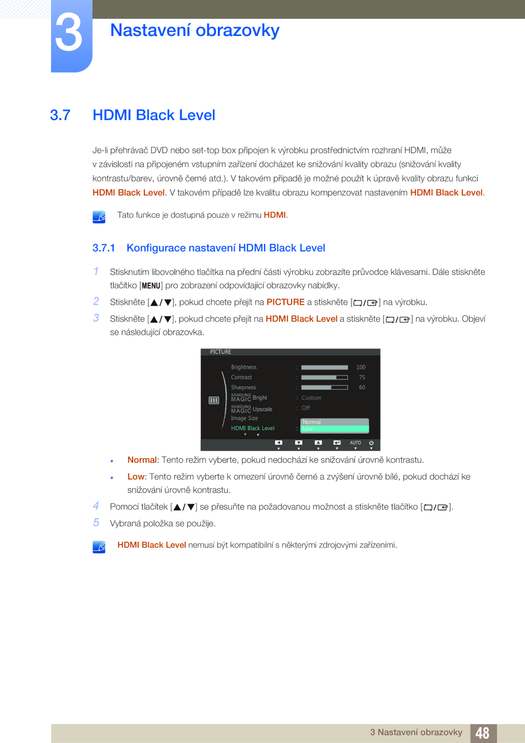 Samsung LS24C750PS/EN, LS27C750PS/EN manual Konfigurace nastavení Hdmi Black Level 