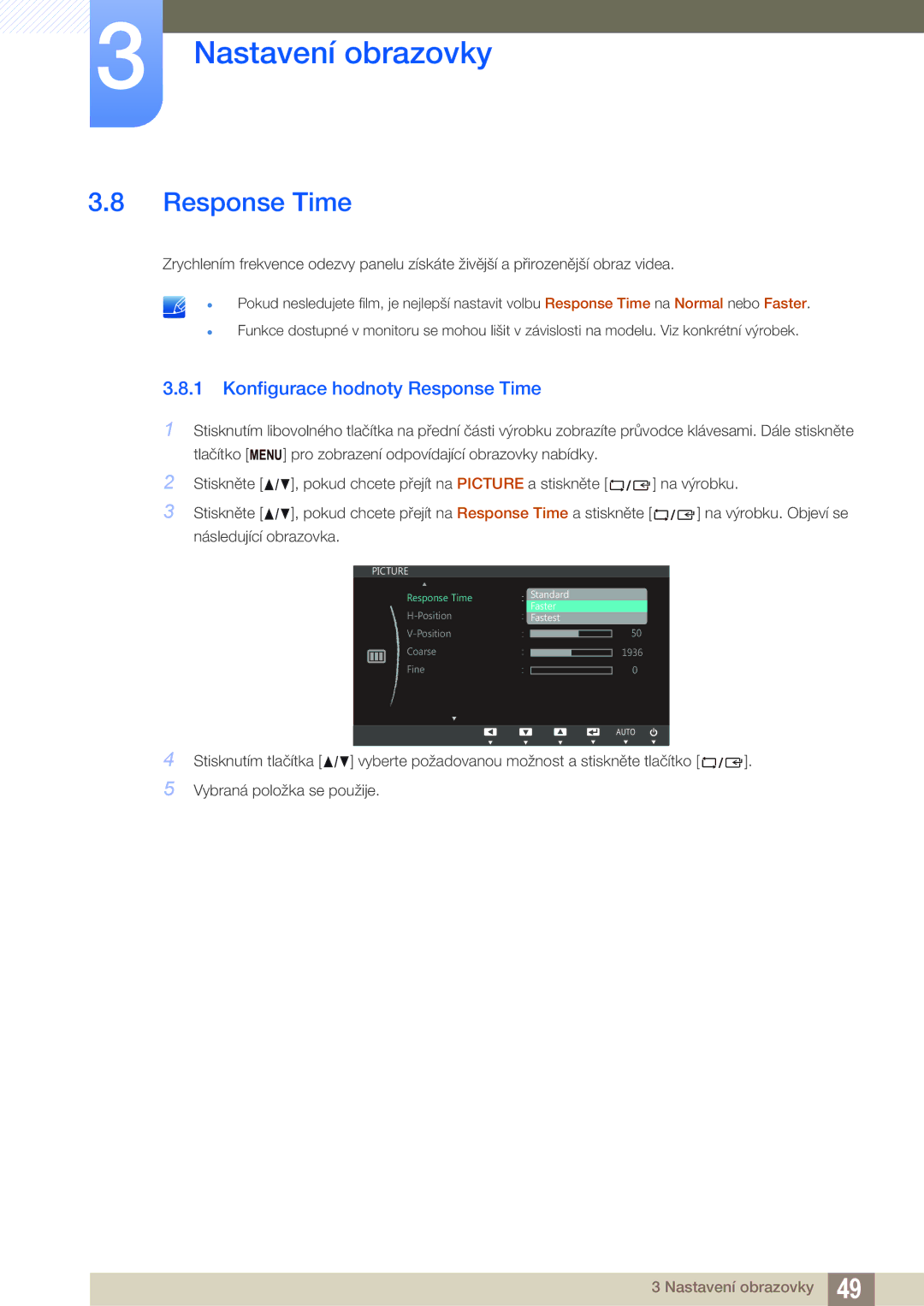 Samsung LS27C750PS/EN, LS24C750PS/EN manual Konfigurace hodnoty Response Time 