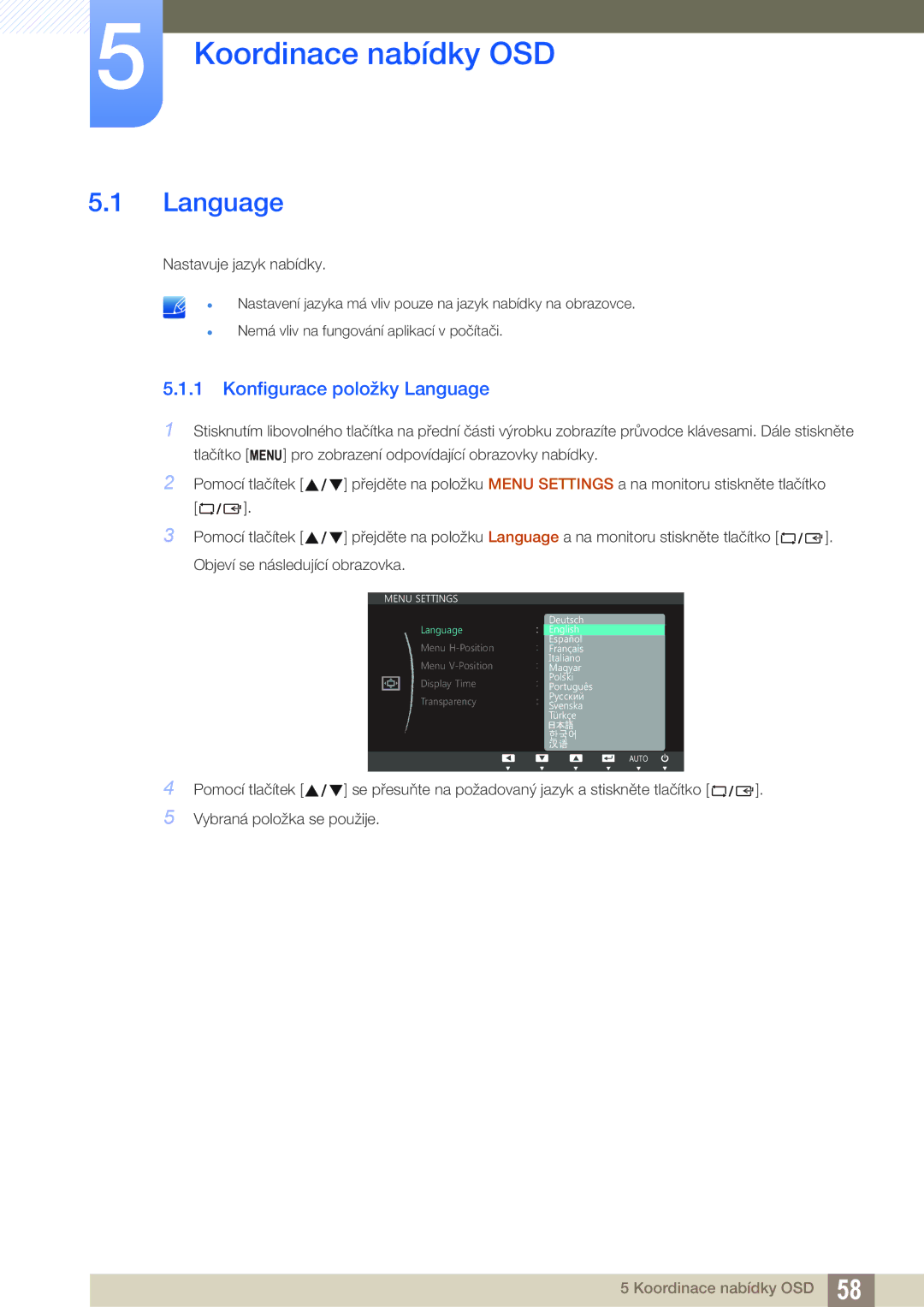 Samsung LS24C750PS/EN, LS27C750PS/EN manual Koordinace nabídky OSD, Konfigurace položky Language 