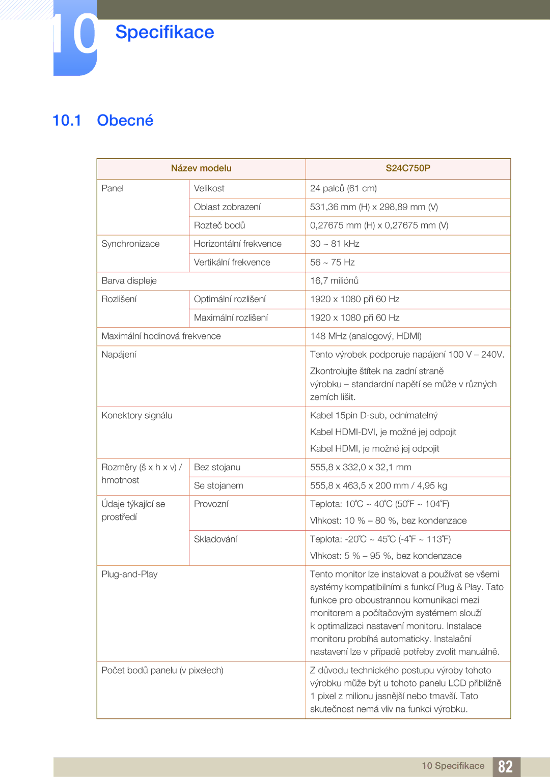 Samsung LS24C750PS/EN, LS27C750PS/EN manual Specifikace, Obecné 