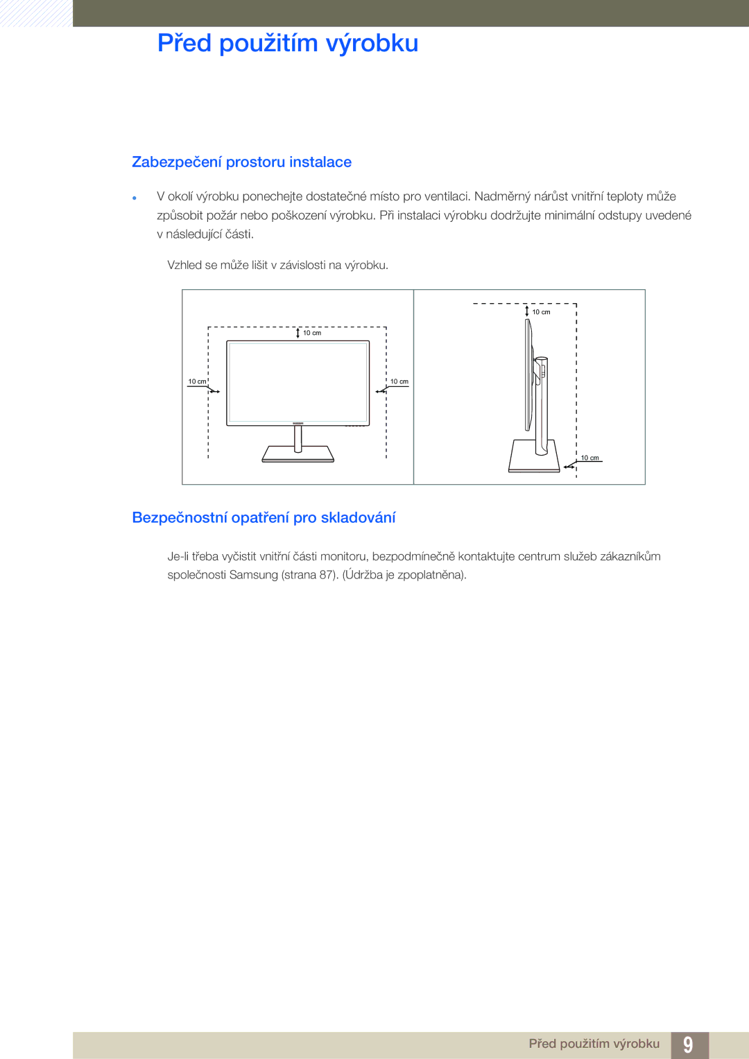 Samsung LS27C750PS/EN, LS24C750PS/EN manual Zabezpečení prostoru instalace, Bezpečnostní opatření pro skladování 