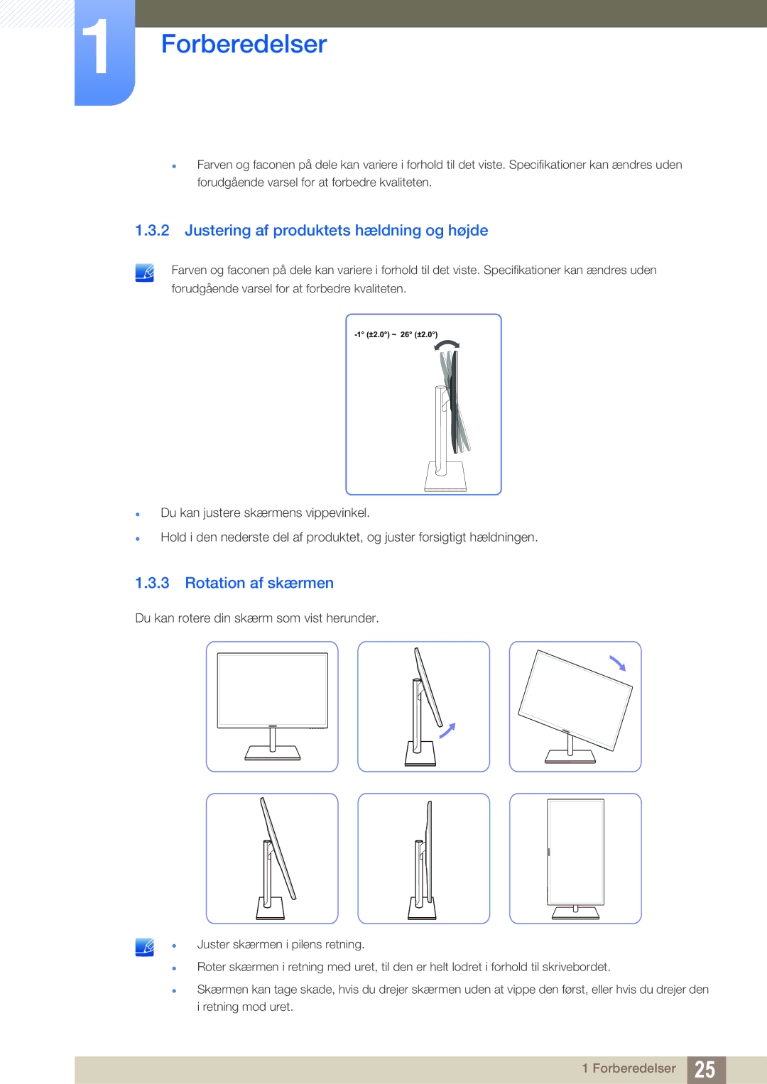 Samsung LS27C750PS/EN, LS24C750PS/EN manual Justering af produktets hældning og højde, Rotation af skærmen 