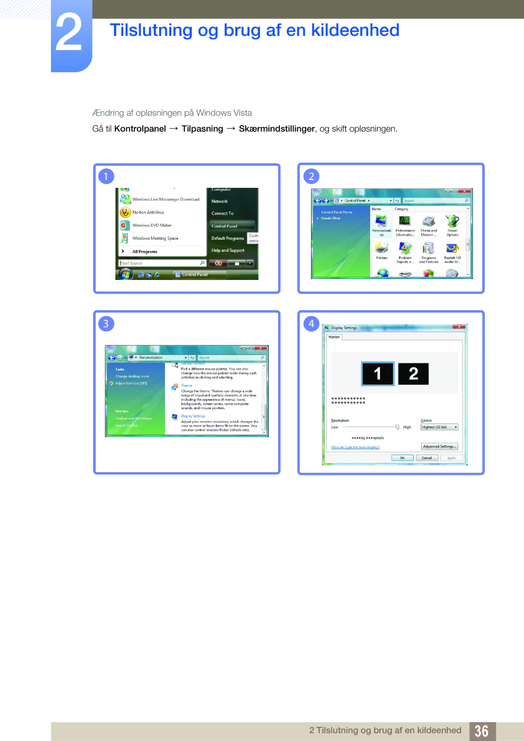 Samsung LS24C750PS/EN, LS27C750PS/EN manual Ændring af opløsningen på Windows Vista 