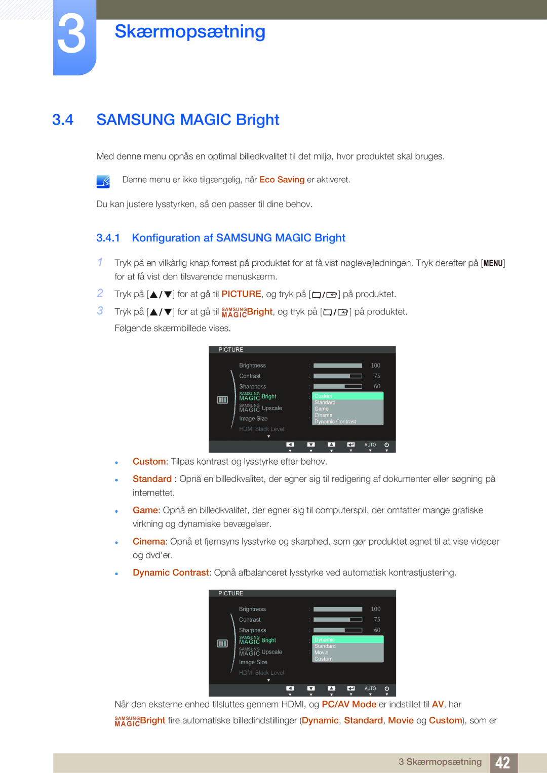 Samsung LS24C750PS/EN, LS27C750PS/EN manual Konfiguration af Samsung Magic Bright 