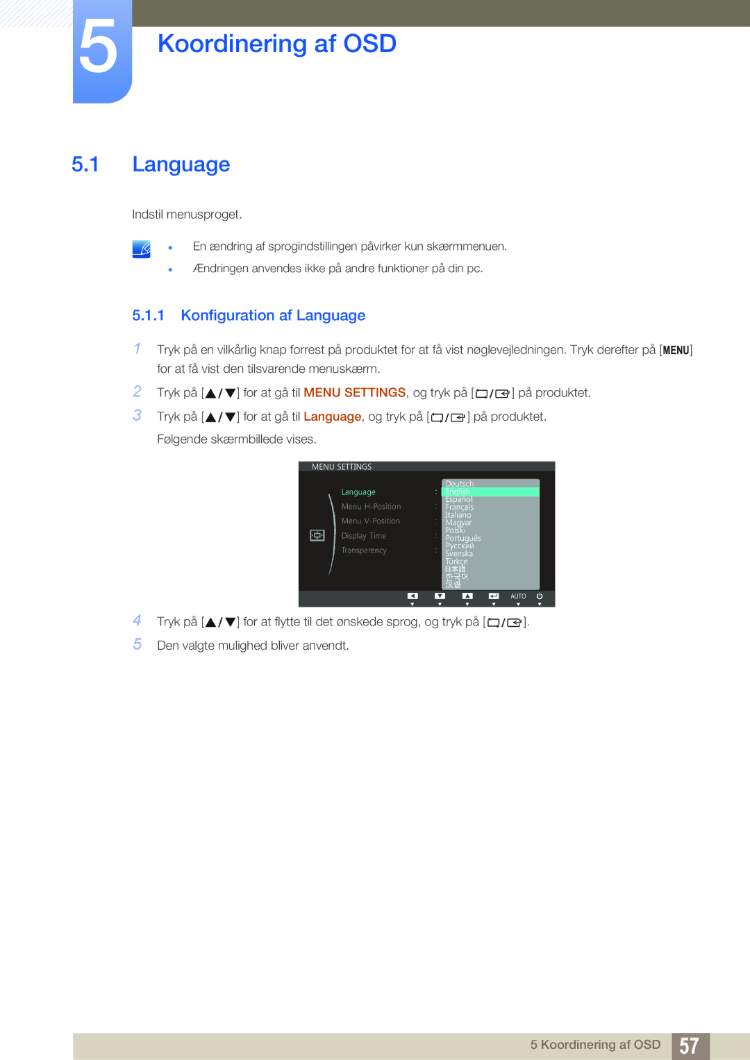 Samsung LS27C750PS/EN, LS24C750PS/EN manual Koordinering af OSD, Konfiguration af Language 