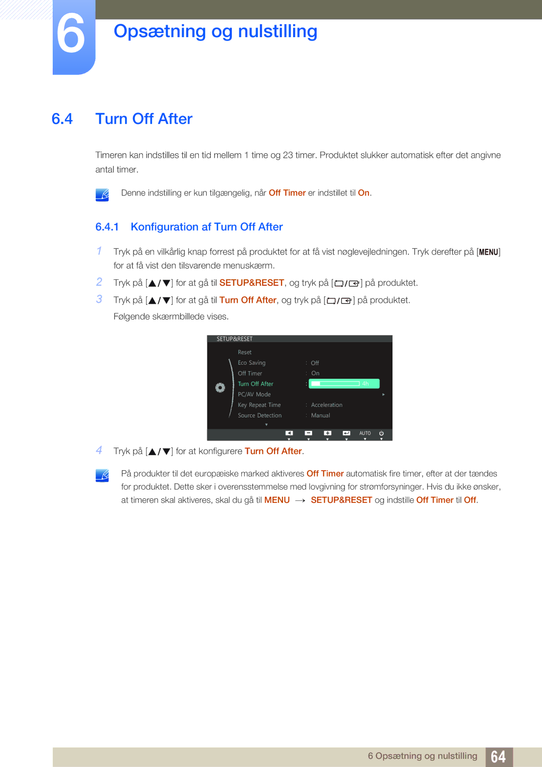 Samsung LS24C750PS/EN, LS27C750PS/EN manual Konfiguration af Turn Off After 