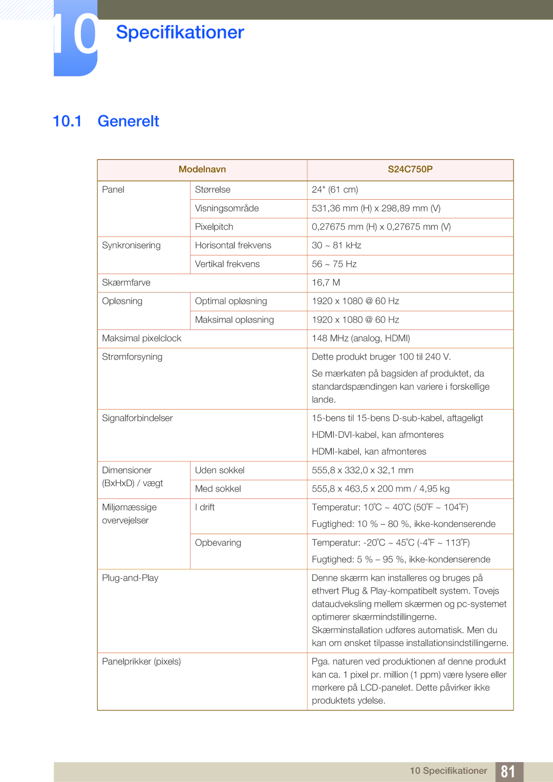 Samsung LS27C750PS/EN, LS24C750PS/EN manual Specifikationer, Generelt 