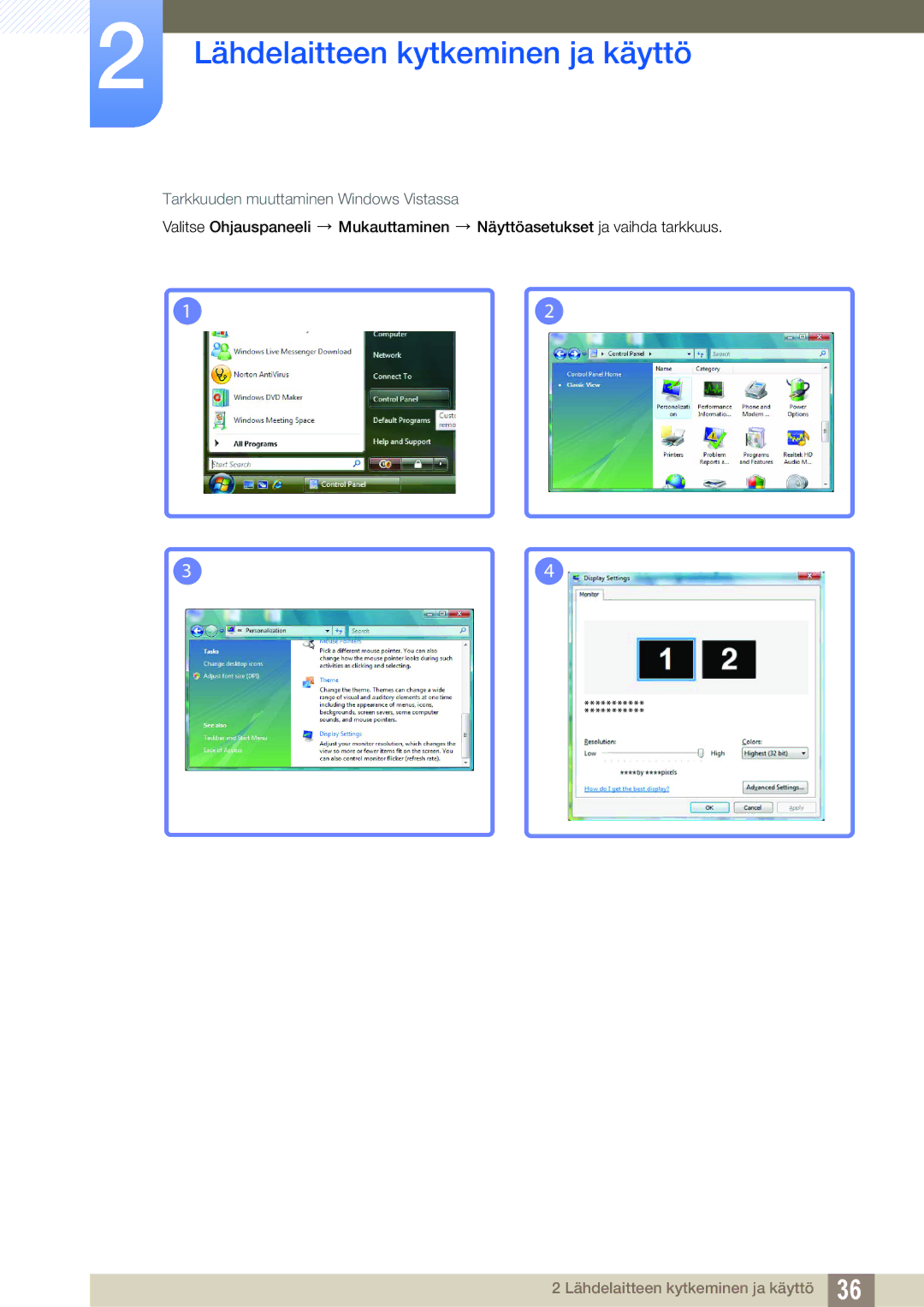 Samsung LS24C750PS/EN, LS27C750PS/EN manual Tarkkuuden muuttaminen Windows Vistassa 