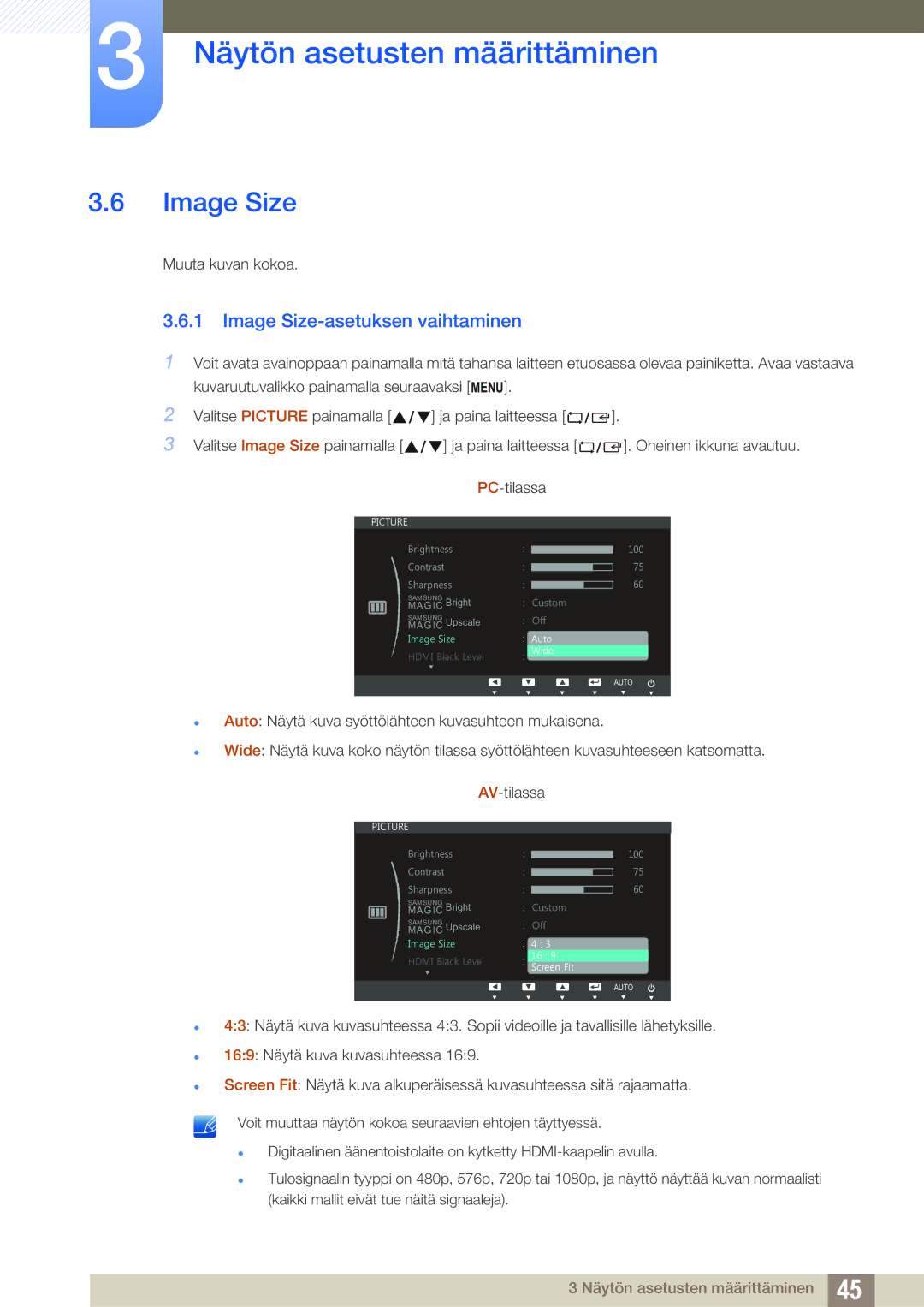 Samsung LS27C750PS/EN, LS24C750PS/EN manual Image Size-asetuksen vaihtaminen 