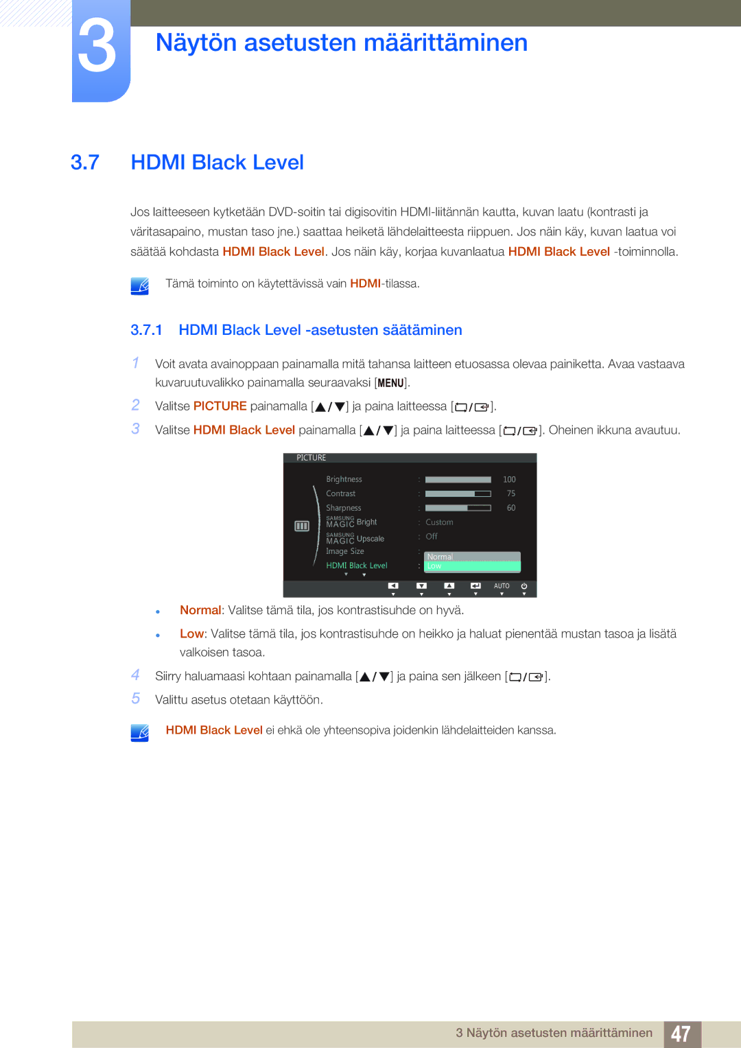 Samsung LS27C750PS/EN, LS24C750PS/EN manual Hdmi Black Level -asetusten säätäminen 