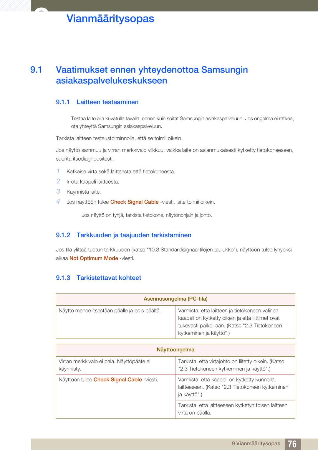 Samsung LS24C750PS/EN, LS27C750PS/EN manual Vianmääritysopas, Laitteen testaaminen, Tarkkuuden ja taajuuden tarkistaminen 