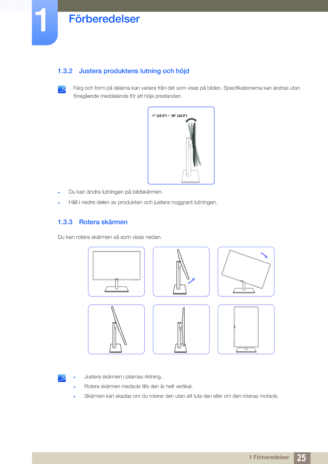 Samsung LS27C750PS/EN, LS24C750PS/EN manual Justera produktens lutning och höjd, Rotera skärmen 