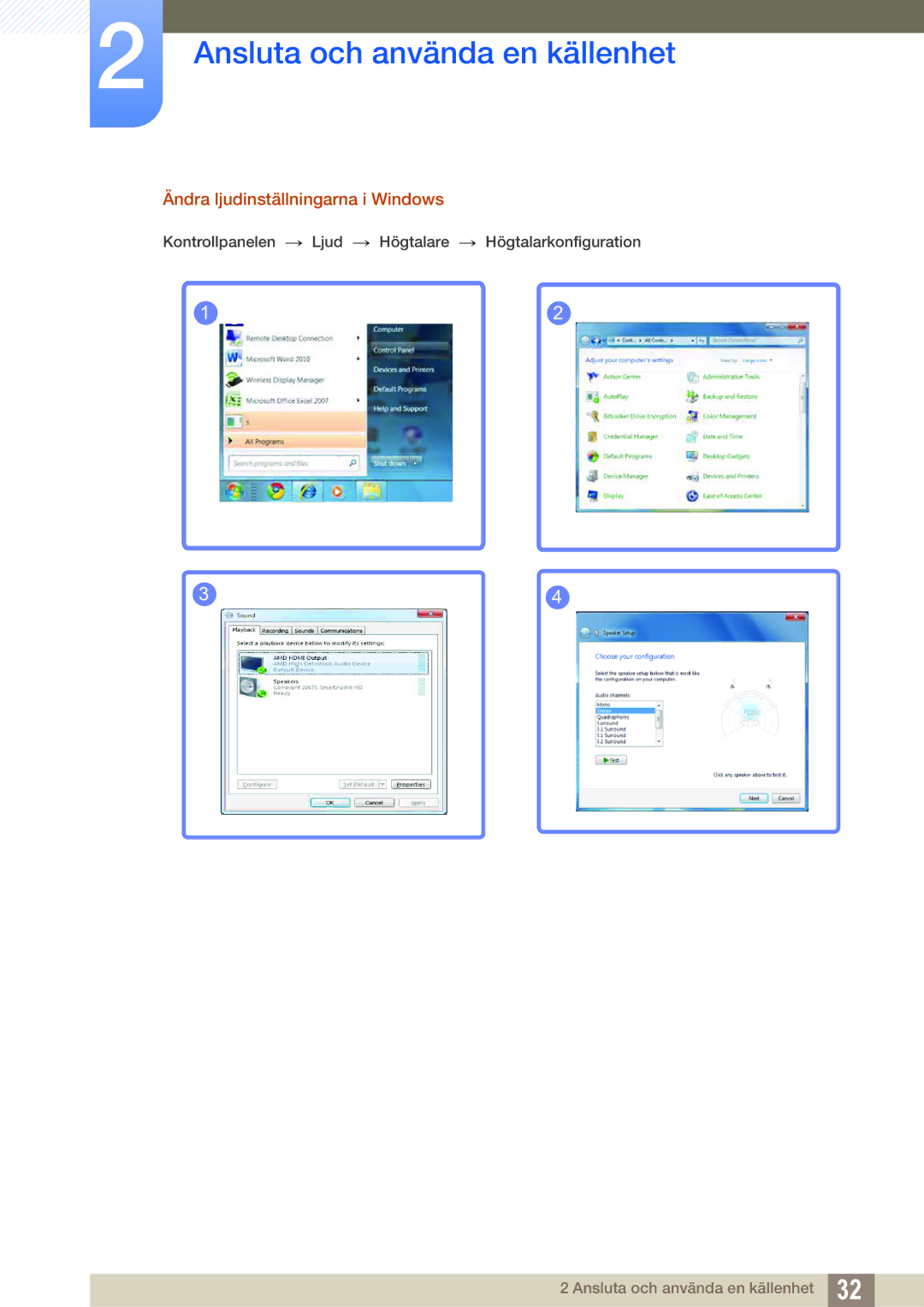 Samsung LS24C750PS/EN, LS27C750PS/EN manual Ändra ljudinställningarna i Windows 