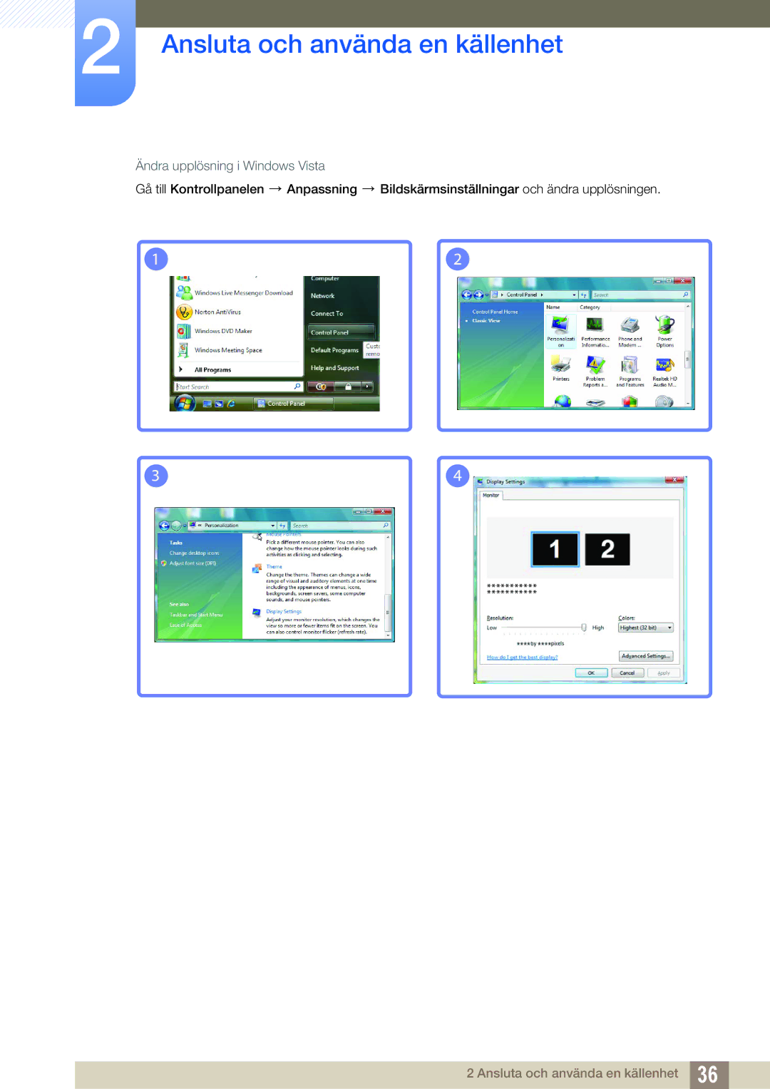 Samsung LS24C750PS/EN, LS27C750PS/EN manual Ändra upplösning i Windows Vista 