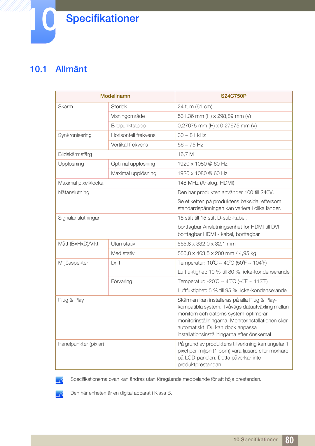 Samsung LS24C750PS/EN, LS27C750PS/EN manual Specifikationer, Allmänt 