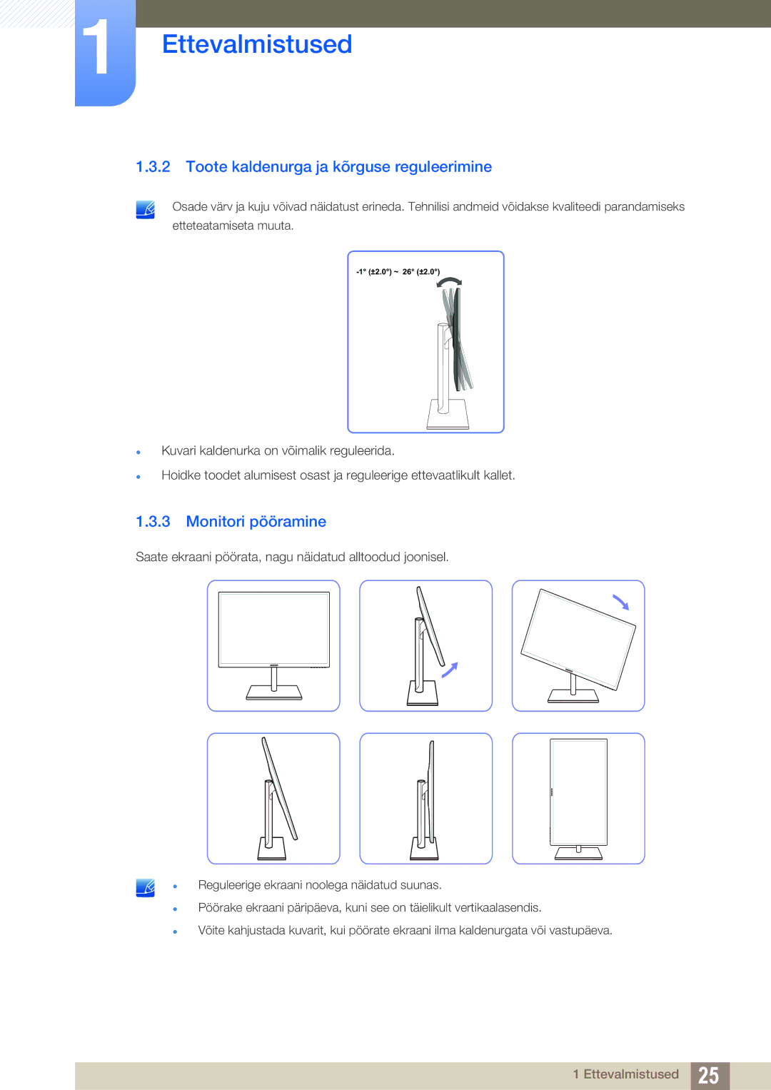 Samsung LS27C750PS/EN, LS24C750PS/EN manual Toote kaldenurga ja kõrguse reguleerimine, Monitori pööramine 