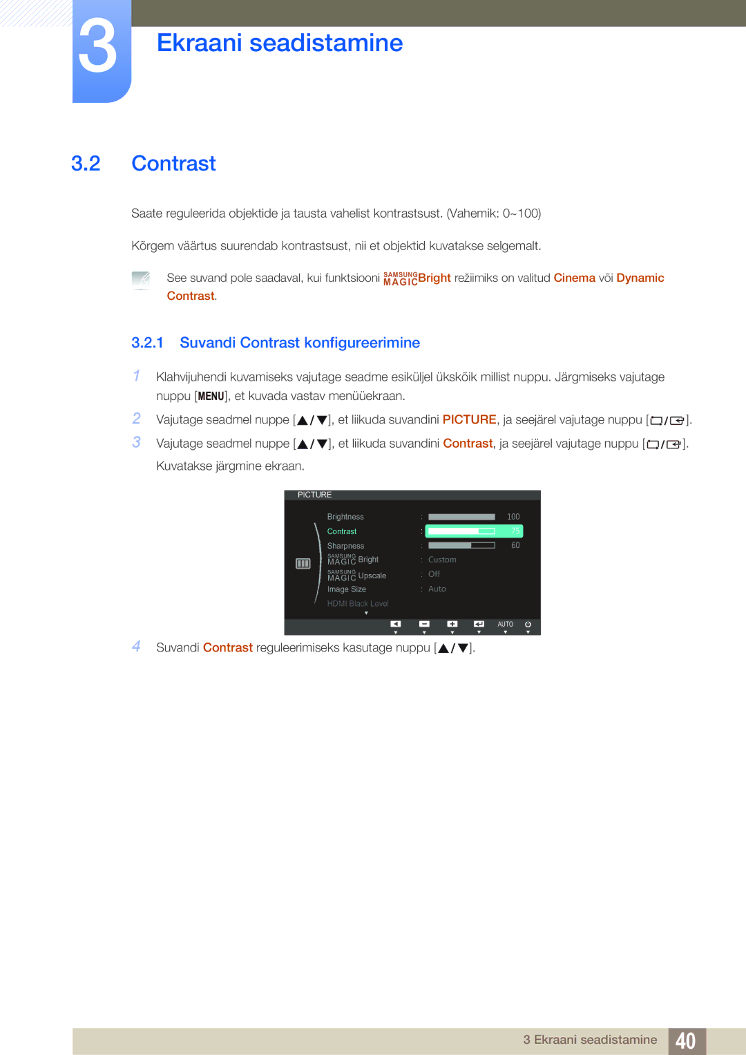 Samsung LS24C750PS/EN, LS27C750PS/EN manual Suvandi Contrast konfigureerimine 