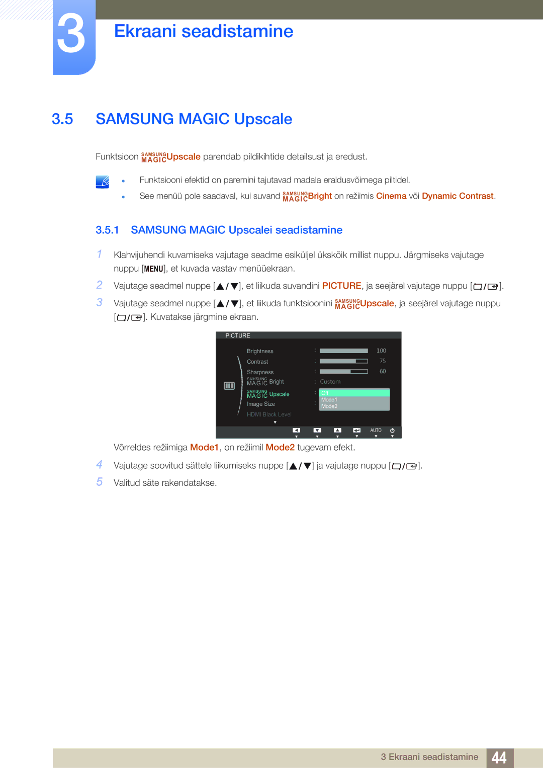 Samsung LS24C750PS/EN, LS27C750PS/EN manual Samsung Magic Upscalei seadistamine 