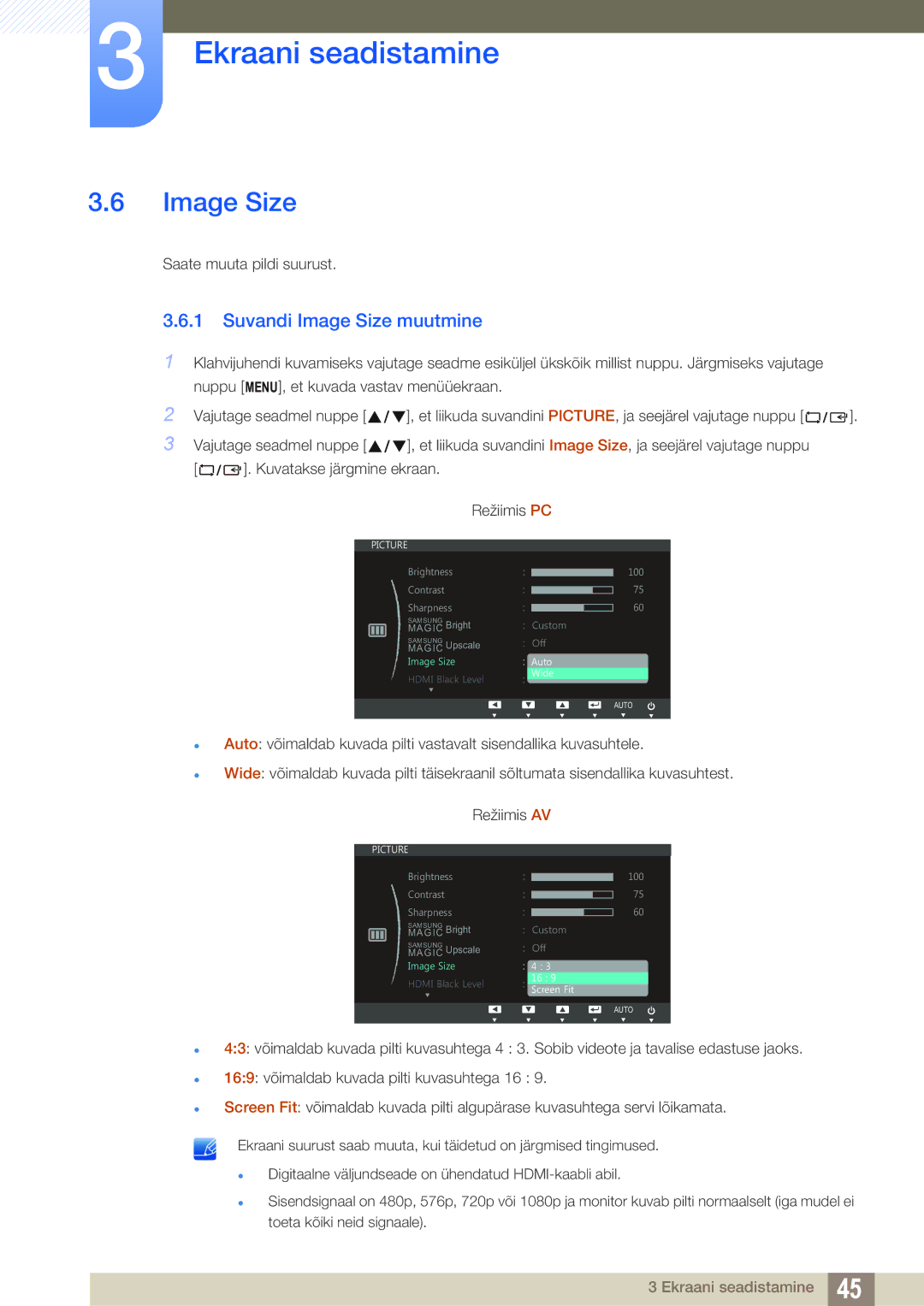 Samsung LS27C750PS/EN, LS24C750PS/EN manual Suvandi Image Size muutmine 