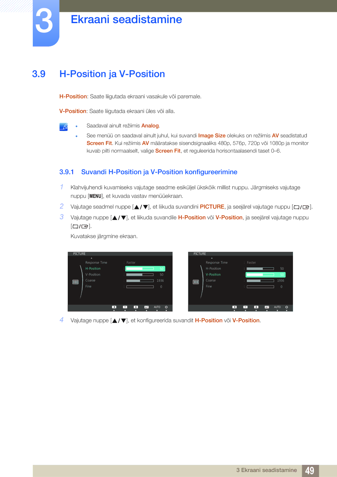 Samsung LS27C750PS/EN, LS24C750PS/EN manual Suvandi H-Position ja V-Position konfigureerimine 