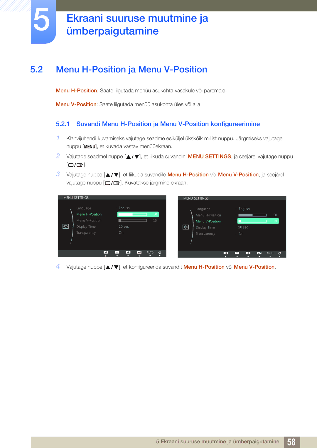 Samsung LS24C750PS/EN, LS27C750PS/EN manual Suvandi Menu H-Position ja Menu V-Position konfigureerimine 