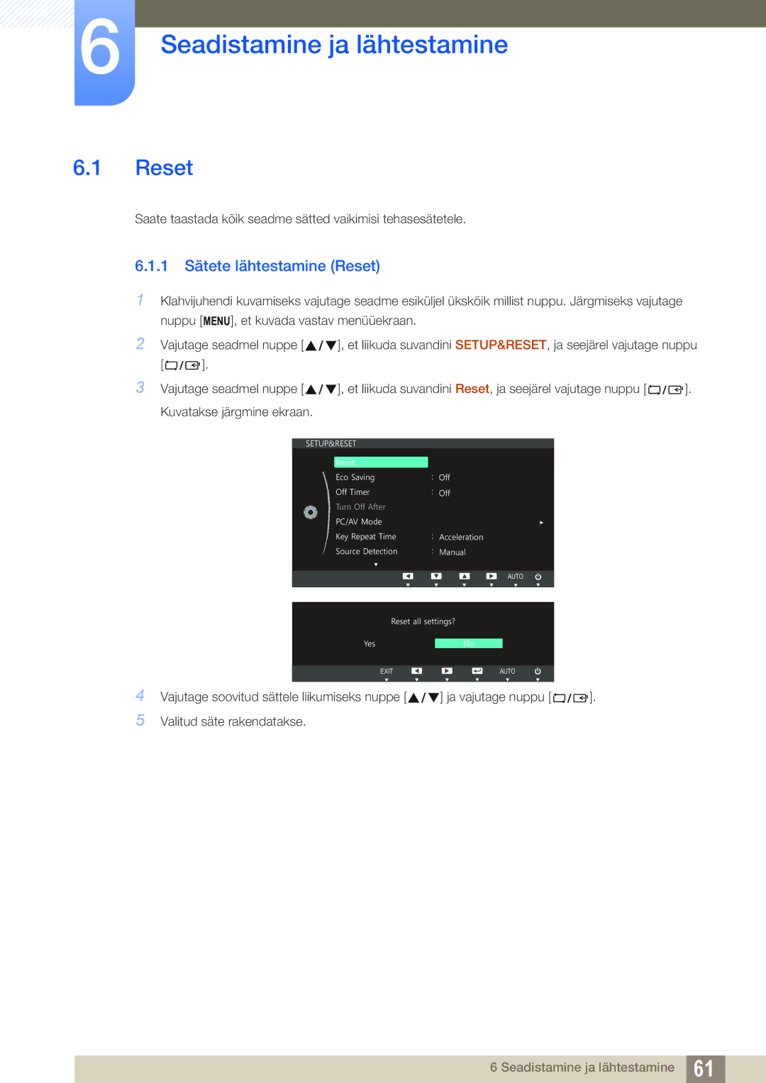 Samsung LS27C750PS/EN, LS24C750PS/EN manual Seadistamine ja lähtestamine, 1 Sätete lähtestamine Reset 