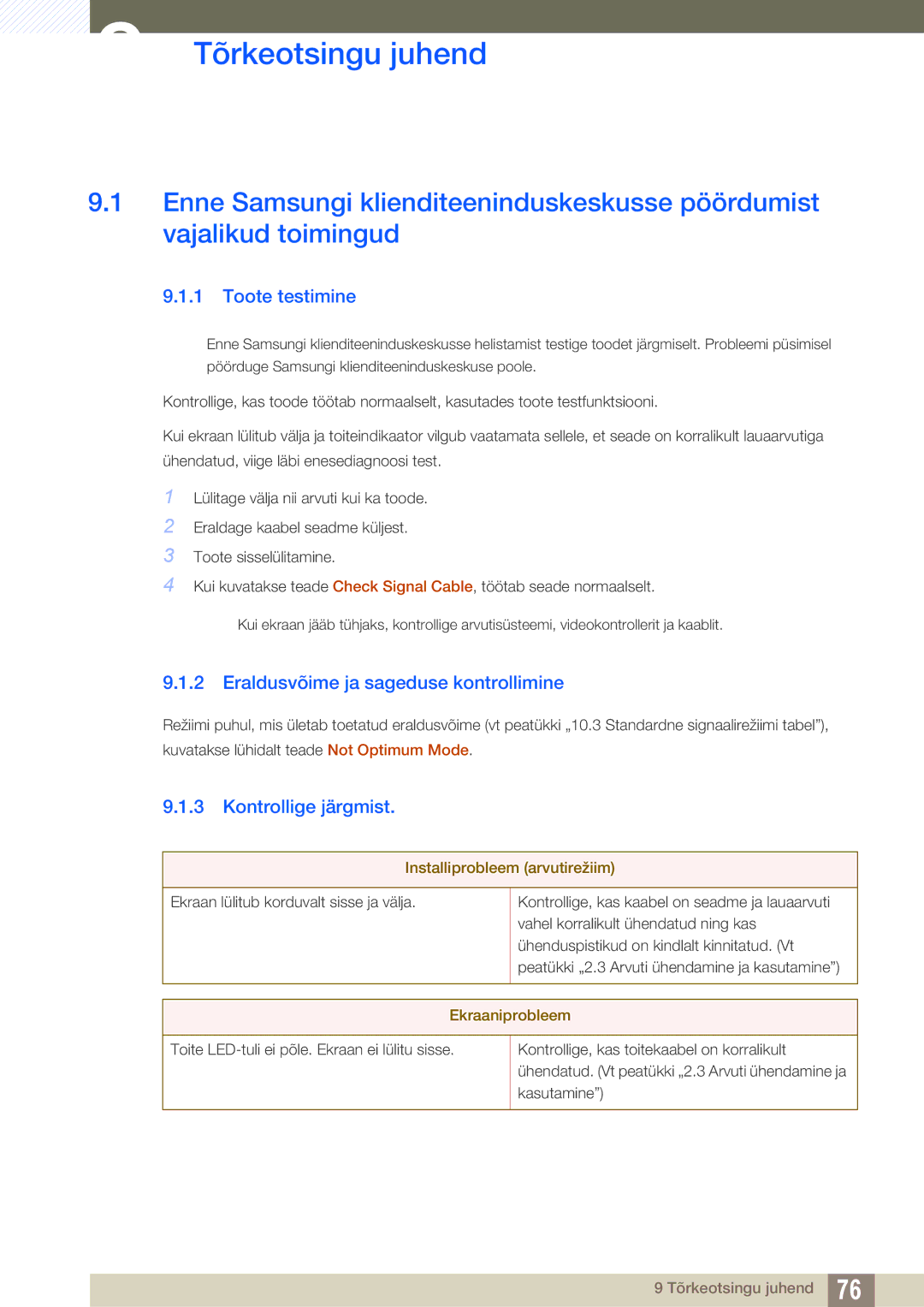 Samsung LS24C750PS/EN Tõrkeotsingu juhend, Toote testimine, Eraldusvõime ja sageduse kontrollimine, Kontrollige järgmist 