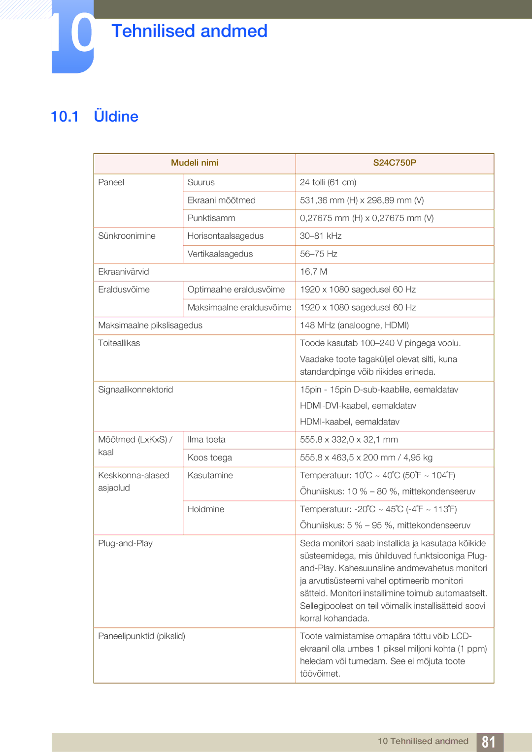 Samsung LS27C750PS/EN, LS24C750PS/EN manual Tehnilised andmed, 10.1 Üldine 