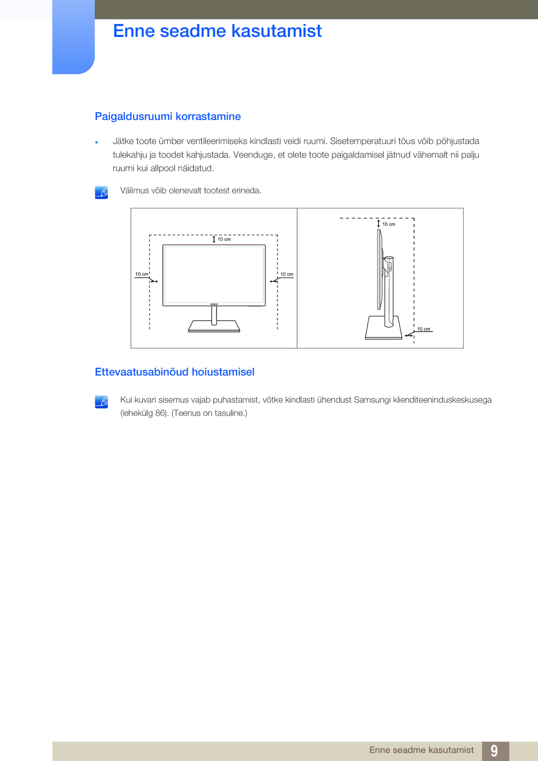 Samsung LS27C750PS/EN, LS24C750PS/EN manual Paigaldusruumi korrastamine, Ettevaatusabinõud hoiustamisel 