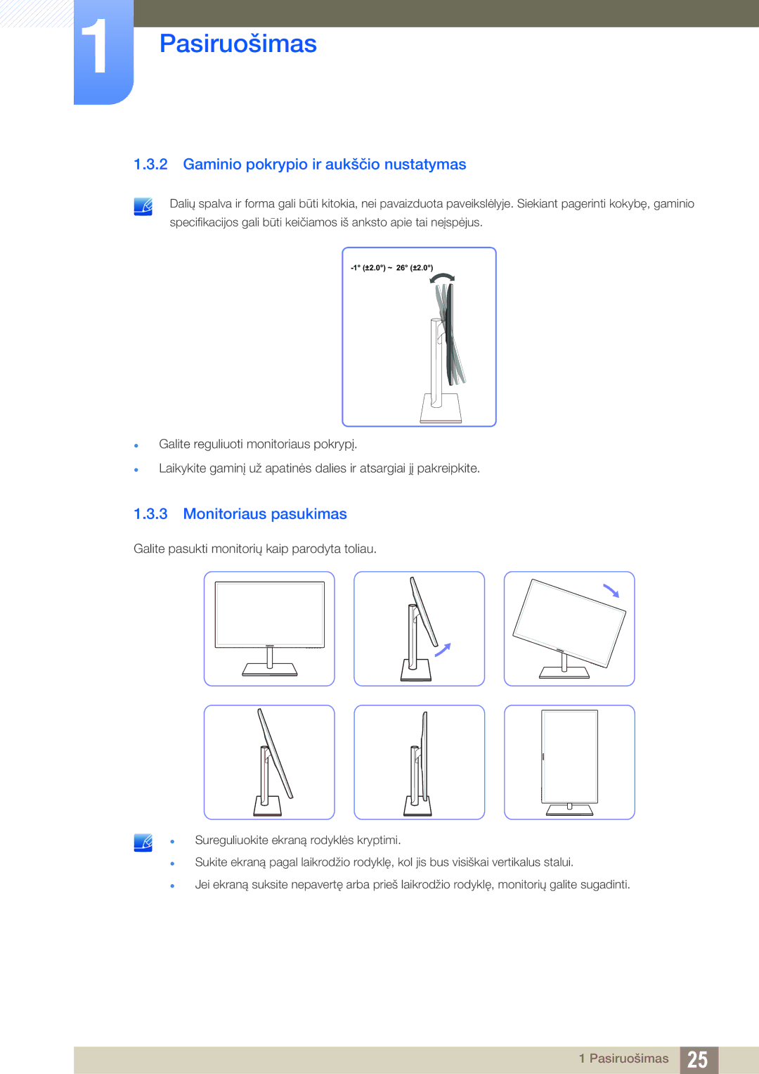 Samsung LS27C750PS/EN, LS24C750PS/EN manual Gaminio pokrypio ir aukščio nustatymas, Monitoriaus pasukimas 