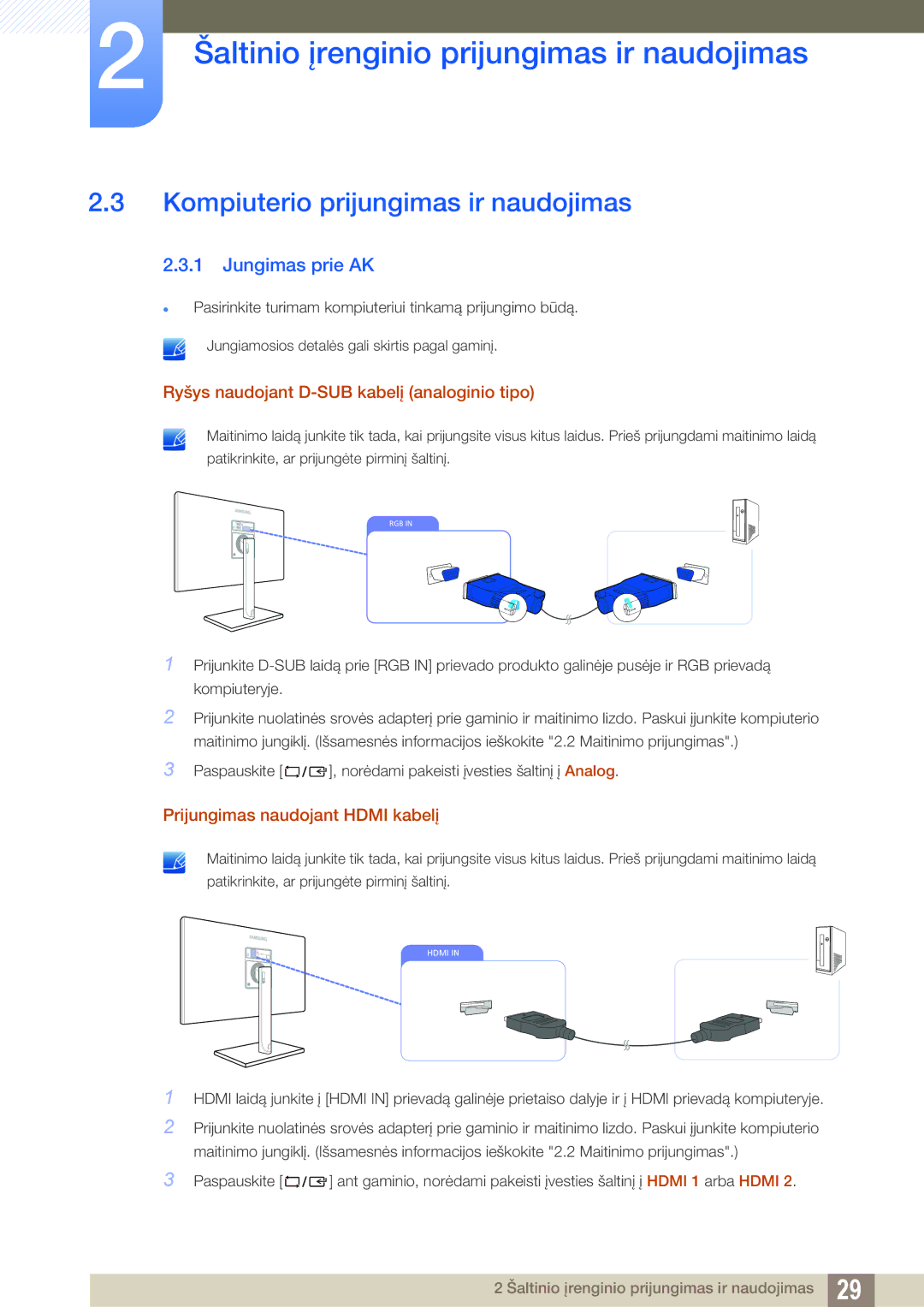 Samsung LS27C750PS/EN manual Kompiuterio prijungimas ir naudojimas, Jungimas prie AK, Prijungimas naudojant Hdmi kabelį 