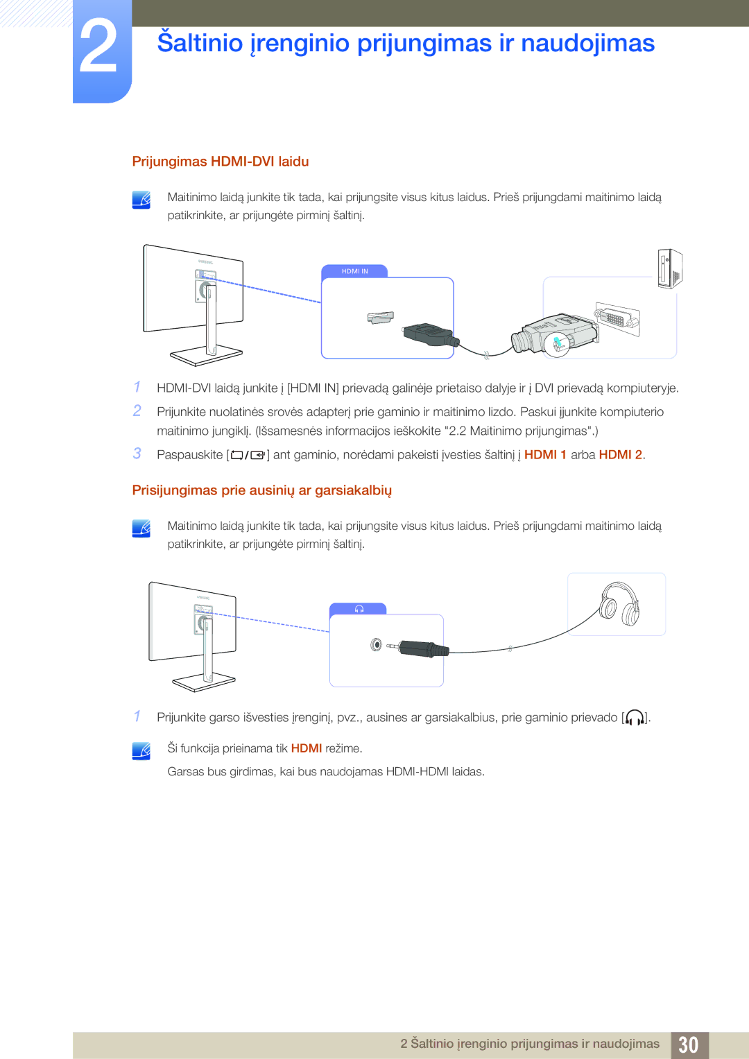 Samsung LS24C750PS/EN, LS27C750PS/EN manual Prijungimas HDMI-DVI laidu, Prisijungimas prie ausinių ar garsiakalbių 