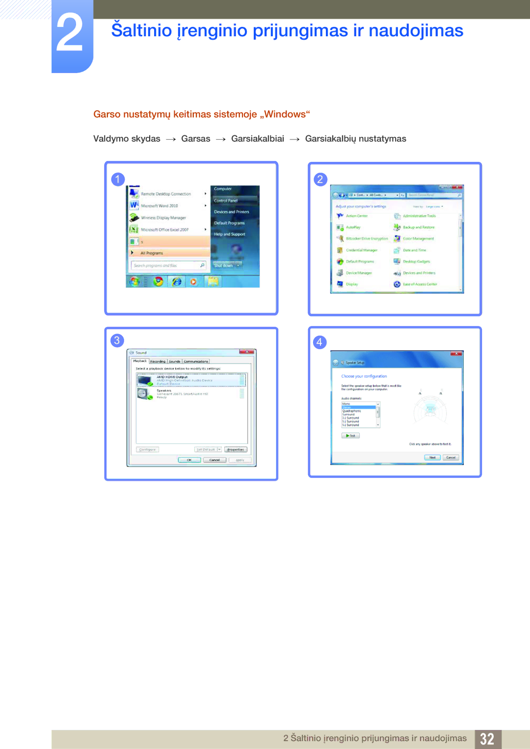 Samsung LS24C750PS/EN, LS27C750PS/EN manual Garso nustatymų keitimas sistemoje „Windows 