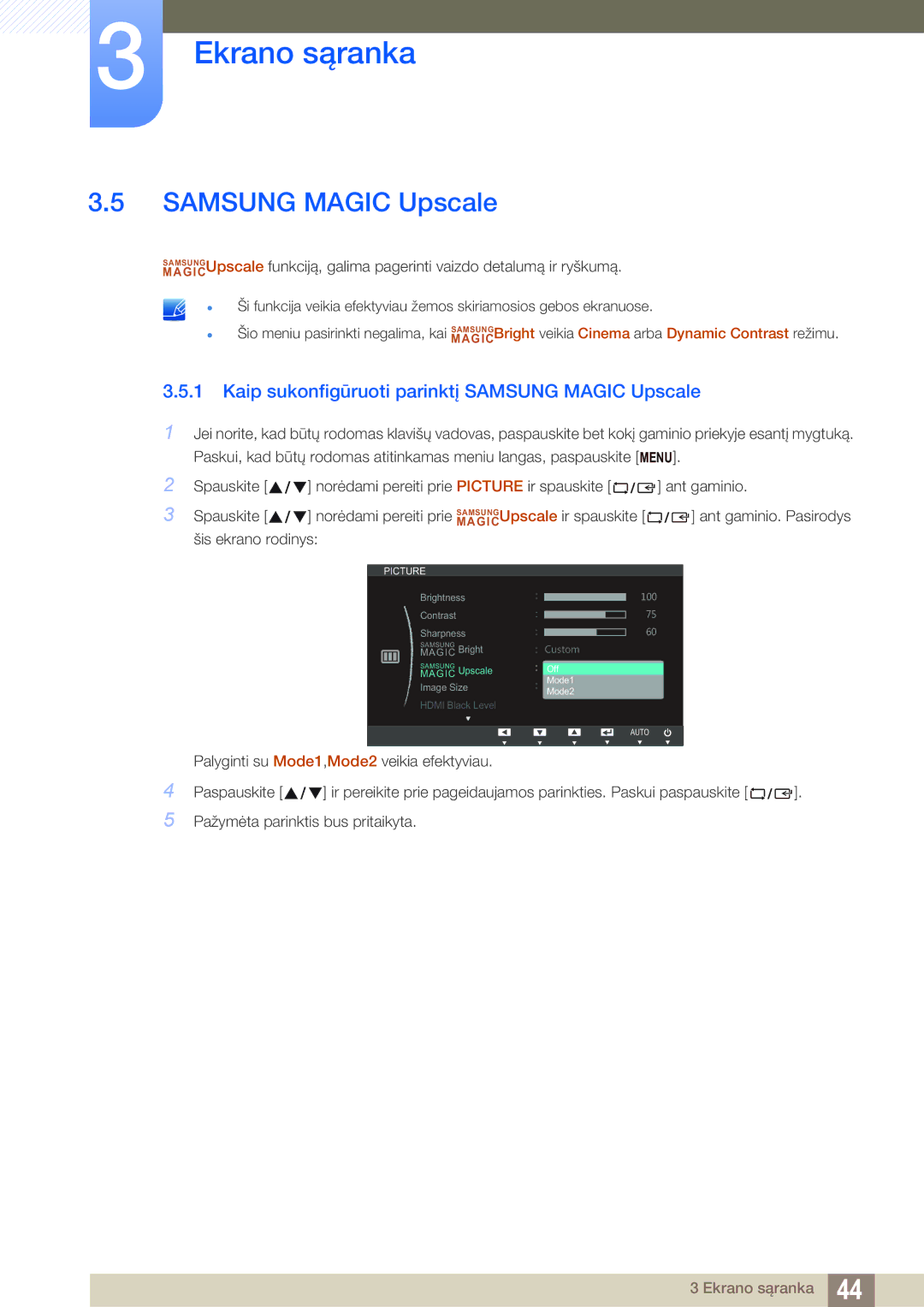 Samsung LS24C750PS/EN, LS27C750PS/EN manual Kaip sukonfigūruoti parinktį Samsung Magic Upscale 